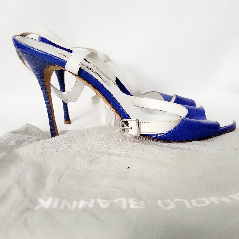 MANOLO BLAHNIK llonicabi BLUE/WHITE SANDALS sz 40.5 - Picture 3 of 5